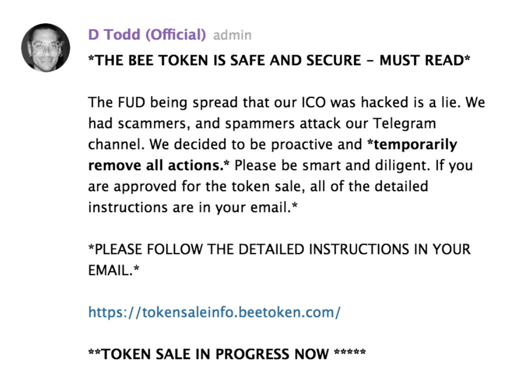 CRYPTONEWSBYTES.COM Screen-Shot-2018-02-03-at-1.12.03-PM The BEE Sting: Bee Token ICO affected by $1 Million Phishing Scam in Ethereum  