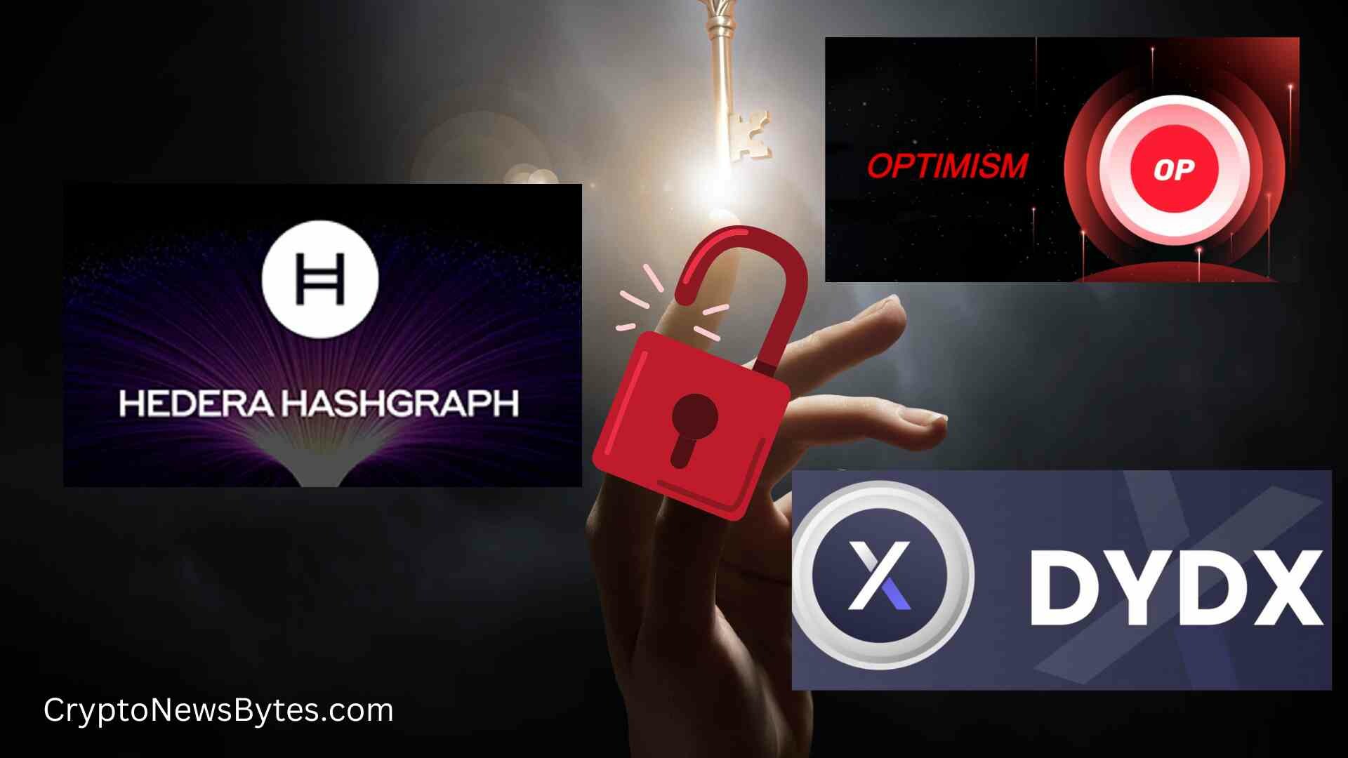 CRYPTONEWSBYTES.COM CryptoNewsBytes.com-token-Unlock Exploring Significant Unlock of HBAR, Optimism(OP) and DYDX Events this week : Coin Unlocking Chronicle's  
