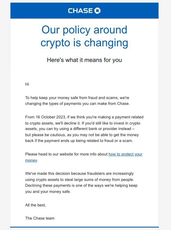 CRYPTONEWSBYTES.COM chase- JPMorgan's Chase UK will ban cryptocurrency transactions, Coinbase's Chief responds  