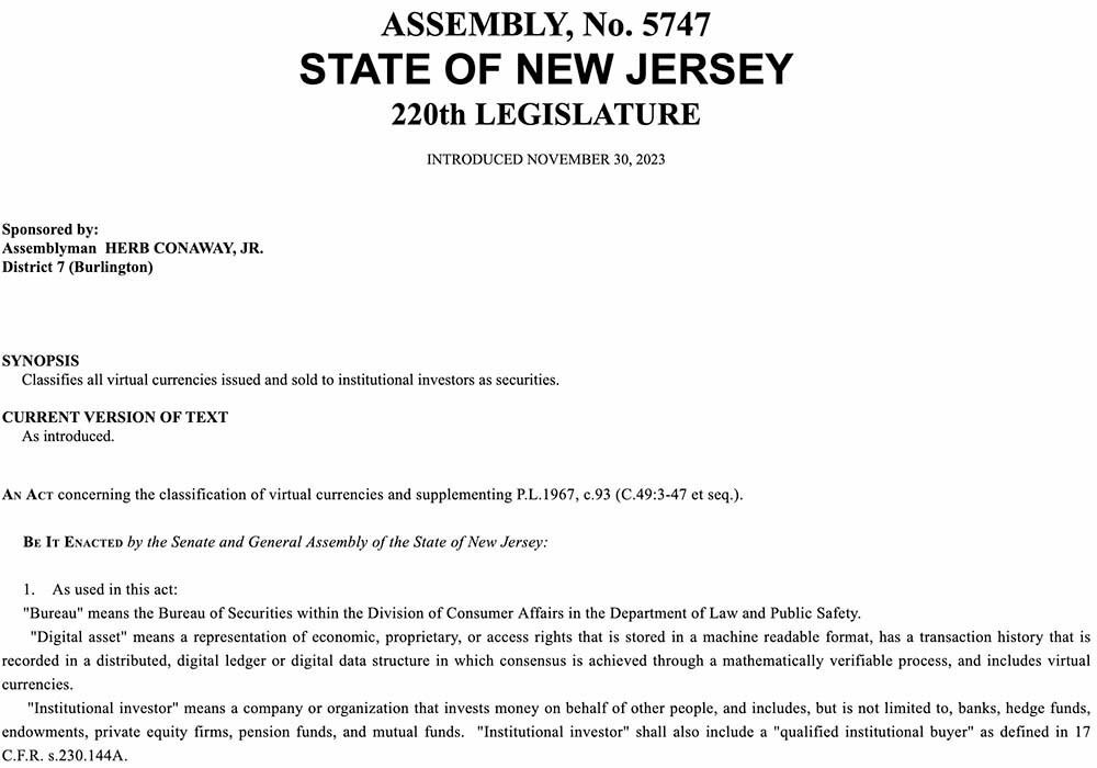 CRYPTONEWSBYTES.COM 1b6c3229-f84d-425c-96a2-e97414bb8c0 New Jersey's Classifying Digital Assets and Virtual Currencies as Securities - Proposed Bill  
