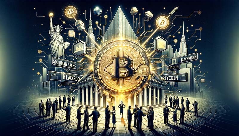 CRYPTONEWSBYTES.COM DALL·E-2024-01-07-20.45.38-An-illustration-depicting-the-integration-of-traditional-finance-and-cryptocurrency-represented-by-Goldman-Sachs-BlackRock-and-Grayscale-coming-tog Goldman Sachs Spearheads Integration of Crypto into Traditional Finance with Bitcoin ETFs  