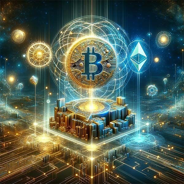 CRYPTONEWSBYTES.COM DALL·E-2024-01-13-22.09.44-Imagine-a-futuristic-and-abstract-representation-of-the-SatoshiVM-concept.-The-centerpiece-is-a-large-glowing SatoshiVM: Bridging Bitcoin and Ethereum for Advanced Interoperability  