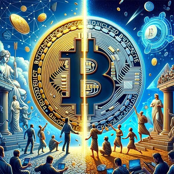 CRYPTONEWSBYTES.COM DALL·E-2024-01-22-21.57.03-Create-an-image-that-symbolically-represents-the-debate-within-the-Bitcoin-blockchain-community-over-the-BRC-20-token-standard.-In-the-center The UniSat Wallet vs. Domo: BRC-20 Token Standard Debate with Bitcoin community- Balancing Innovation and Stability  