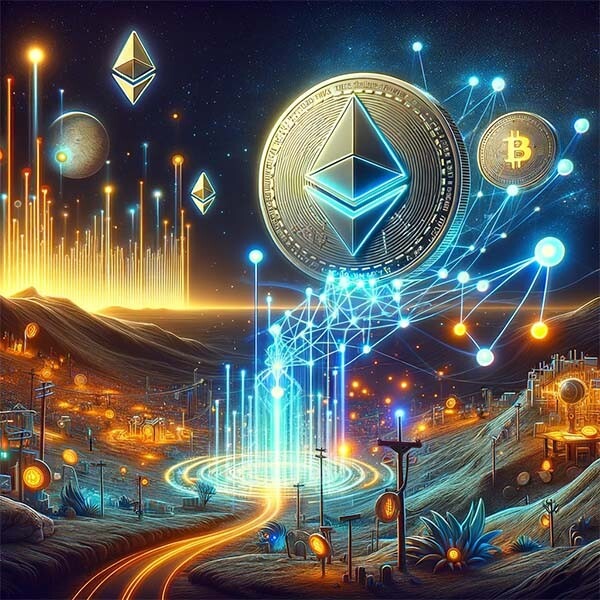 CRYPTONEWSBYTES.COM DALL·E-2024-01-31-21.28.25-A-futuristic-and-dynamic-representation-of-decentralized-finance-DeFi-in-the-cryptocurrency-world-depicted-as-a-wild-west-landscape.-The-image-in DeFi disrupts traditional multi trillion $ finance by eliminating intermediaries and automating processes on blockchains. Lets discuss more.  