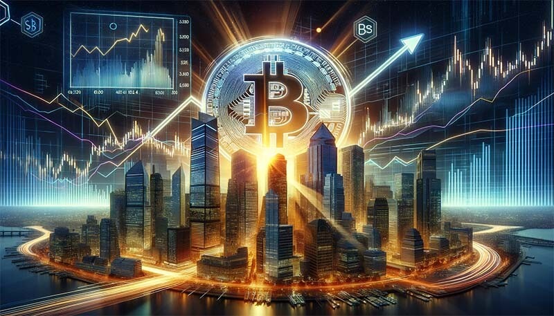 CRYPTONEWSBYTES.COM DALL·E-A-bustling-futuristic-financial-cityscape-under-a-sky-streaked-with-digital-data-streams.-In-the-foreground-a-giant-glowing-Bitcoin-symbol-stands Bitcoin's Breakthrough: Spot ETFs Poised to Propel Value by 344% to $200,000  