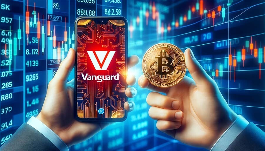 CRYPTONEWSBYTES.COM DALL·E-A-digital-composite-image-with-a-smartphone-screen-displaying-the-red-logo-of-Vanguard-on-it-held-in-a-persons-hand.-In-the-foreground Vanguard's Restriction on Spot Bitcoin ETF Access: Prioritizing Stability Over Trend  