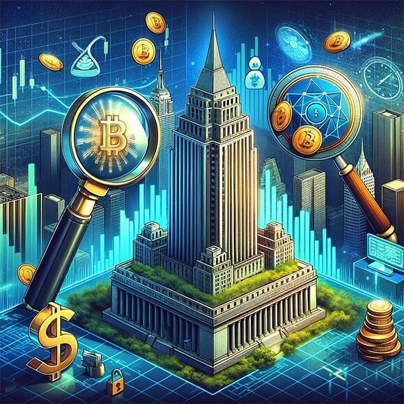 CRYPTONEWSBYTES.COM DALL·E-A-digital-landscape-representing-the-crypto-industry-with-stylized-cryptocurrency-coins-and-digital-graphs-floating-around-a-large-imposing-building_ New York Comptroller Urges Enhanced Oversight for BitLicense Program  