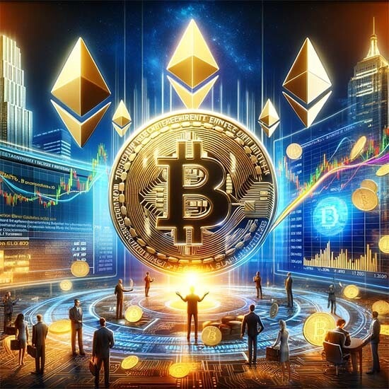 CRYPTONEWSBYTES.COM DALL·E-A-dynamic-and-futuristic-financial-landscape-centered-around-a-large-gleaming-golden-Bitcoin-symbol-representing-Bitcoins-stability-at-the-45000_ Bitcoin Stability and Ether Surge: The ETF Approval and SEC's Impact on Crypto Markets  