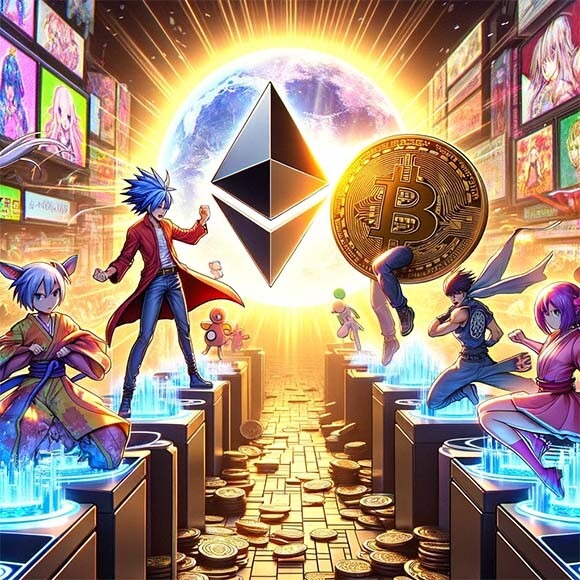 CRYPTONEWSBYTES.COM DALL·E-A-dynamic-futuristic-scene-depicting-the-competition-between-Ethereum-and-Bitcoin-in-a-digital-landscape.-Ethereum-personified-with-its-logo-triump Ethereum Surges in NFT Sales, Fueled by Azuki NFT Collection  