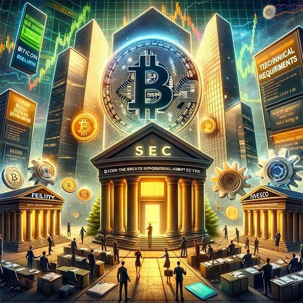 CRYPTONEWSBYTES.COM DALL·E-A-dynamic-scene-symbolizing-the-anticipation-and-potential-impact-of-Bitcoin-ETFs-on-the-digital-asset-market.-In-the-center-a-large-glowing-Bitcoin Ark and BlackRock in Crypto ETF Race as SEC Decision Looms  
