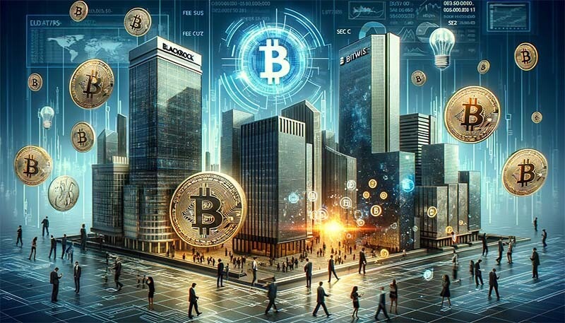 CRYPTONEWSBYTES.COM DALL·E-A-futuristic-financial-landscape-representing-the-new-era-in-cryptocurrency-investment-marked-by-Bitcoin-Exchange-Traded-Funds-ETFs BlackRock and Ark Lower Bitcoin ETF Fees Once Again nearing the SEC Deadline  