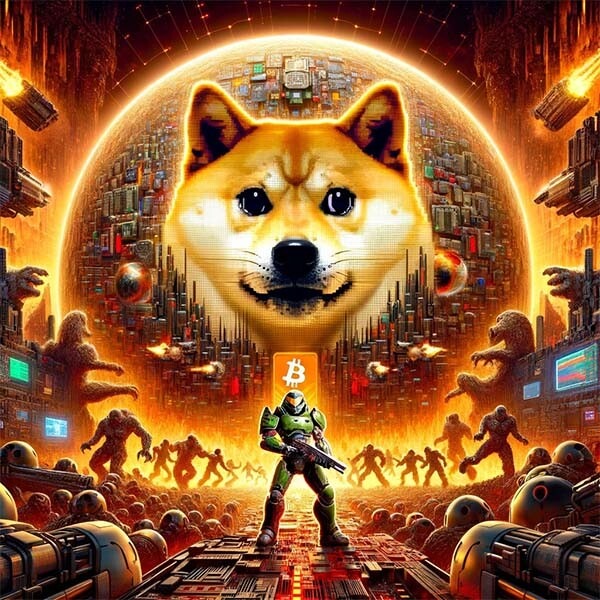 CRYPTONEWSBYTES.COM DALL·E-Create-an-image-that-combines-elements-of-the-iconic-first-person-shooter-game-DOOM-with-the-Dogecoin-network-excluding-any-Bitcoin-references DOOM shooter game And Dogecoin: Celebrating 30 Years with Blockchain Integration  