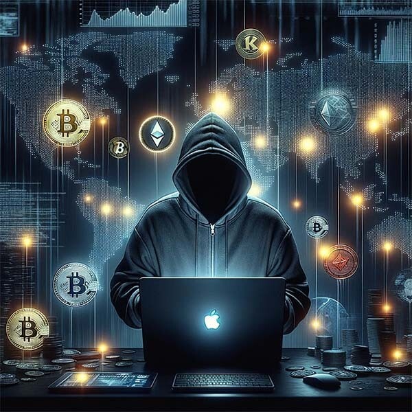 CRYPTONEWSBYTES.COM DALL·E-The-image-depicts-a-symbolic-representation-of-the-2023-cryptocurrency-heists-linked-to-North-Korean-hackers.-In-the-foreground North Korean Cyber Attacks on Cryptocurrency Platforms Drop by 40% in 2023  
