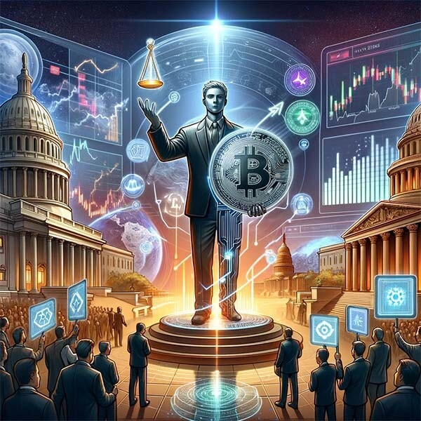 CRYPTONEWSBYTES.COM DALL·E-2024-02-01-22.30.24-Revise-the-previously-imagined-illustration-to-include-elements-that-explicitly-represent-a-crypto-exchange.-Envision-Brian-Armstrong-standing-confide Coinbase, along with CEO Brian Armstrong, establishes a substantial support fund for pro-crypto politicians  