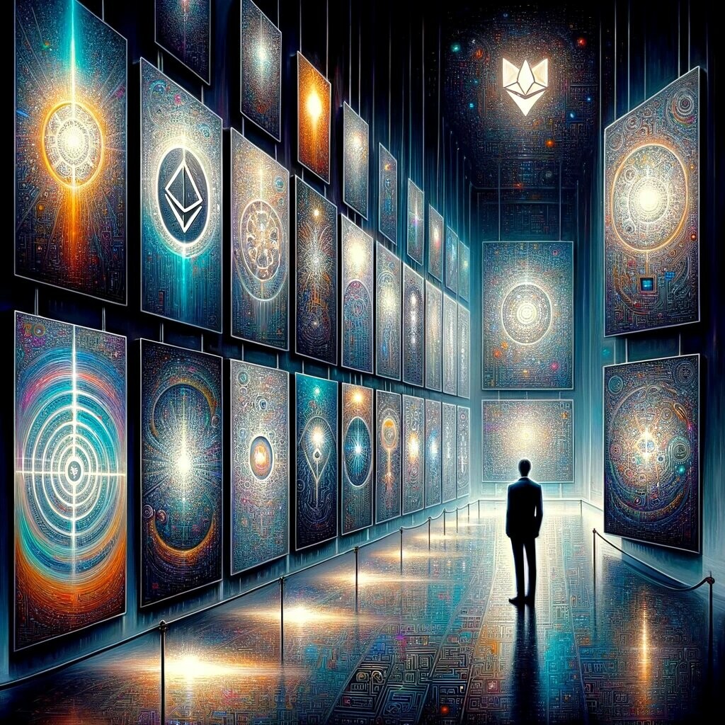 CRYPTONEWSBYTES.COM DALL·E-2024-02-21-14.55.37-Imagine-an-artistic-rendition-that-encapsulates-the-groundbreaking-sale-of-10-Autoglyphs-by-Larva-Labs-for-5000-ETH-equivalent-to-14.536-million.-T Autoglyphs Collection Sells for 5,000 ETH, Sets Digital Art Record  