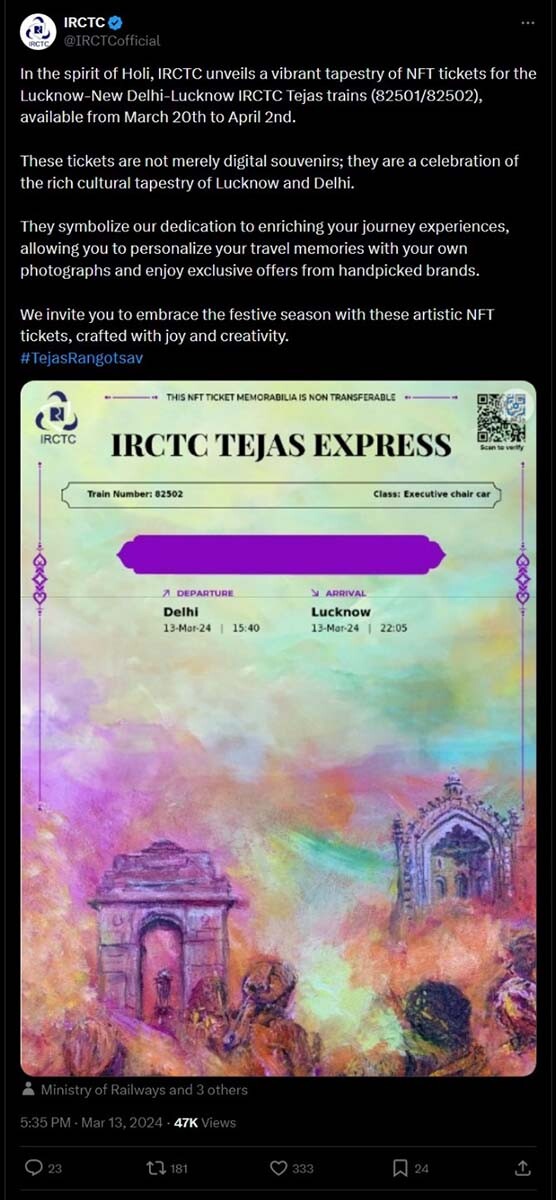 CRYPTONEWSBYTES.COM Hyperledger Indian Railway Introduces NFT Train Tickets for Semi-High-Speed Trains Celebrating Holi Festival  