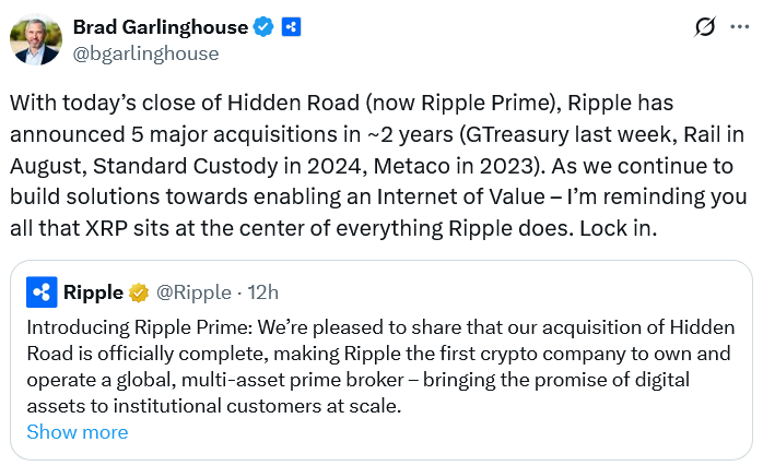 CRYPTONEWSBYTES.COM brad Ripple buys Hidden Road for $1.25 Billion reports 3x growth  