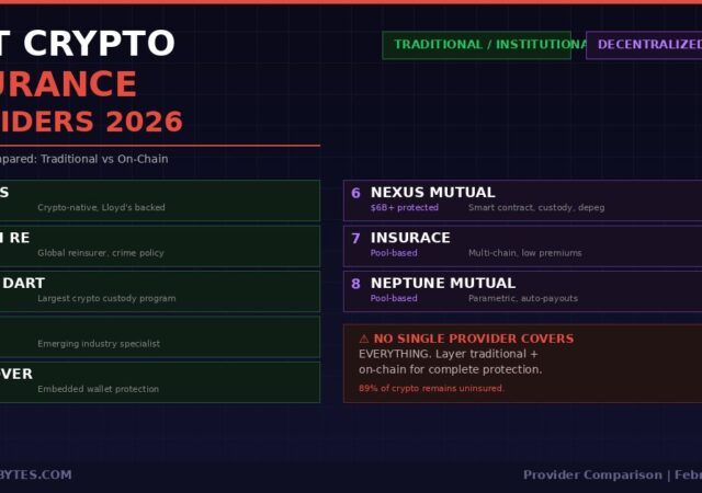 Best crypto insurance providers 2026 comparison showing 8 providers in two categories: traditional institutional (Evertas, Munich Re, Marsh, Relm, Coincover) and decentralized on-chain (Nexus Mutual, InsurAce, Neptune Mutual)