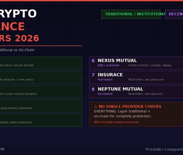 Best crypto insurance providers 2026 comparison showing 8 providers in two categories: traditional institutional (Evertas, Munich Re, Marsh, Relm, Coincover) and decentralized on-chain (Nexus Mutual, InsurAce, Neptune Mutual)