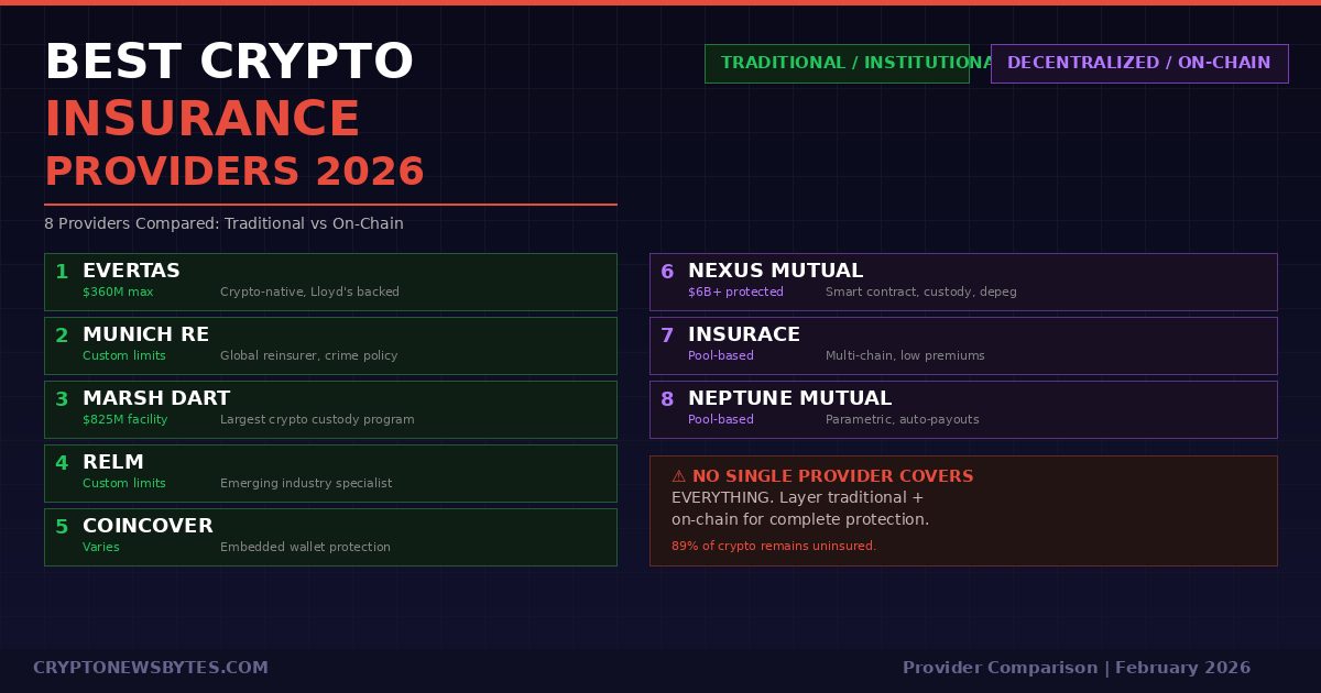 Best crypto insurance providers 2026 comparison showing 8 providers in two categories: traditional institutional (Evertas, Munich Re, Marsh, Relm, Coincover) and decentralized on-chain (Nexus Mutual, InsurAce, Neptune Mutual)