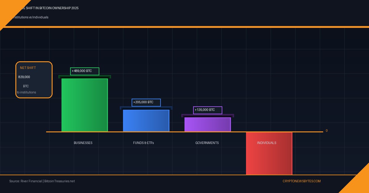 Bitcoin ownership 2025 bar chart showing institutions accumulated 829,000 BTC while individuals reduced holdings by 696,000 BTC