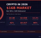Crypto insurance market 2026 infographic showing 89% uninsured donut chart, $16B market size, $3.4B stolen in 2025, and five barriers to adoption