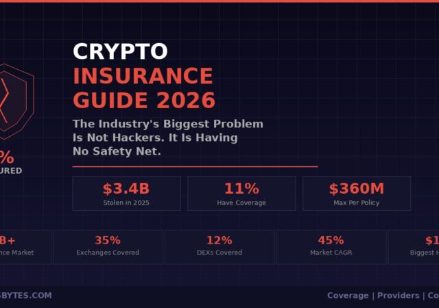 Crypto insurance guide 2026 infographic showing 89% of industry uninsured, $3.4B stolen in 2025, and key market statistics