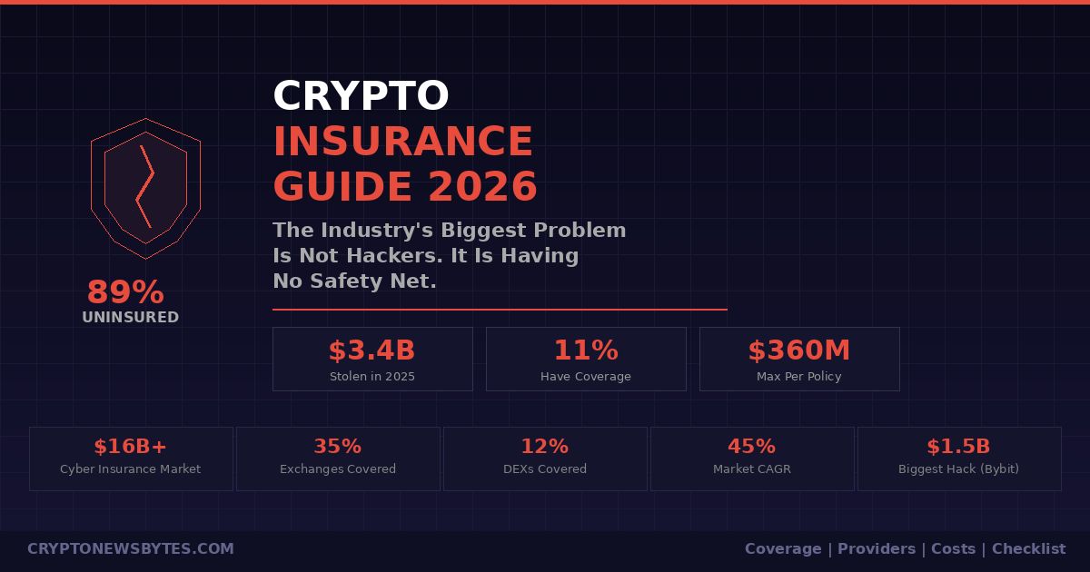 Crypto insurance guide 2026 infographic showing 89% of industry uninsured, $3.4B stolen in 2025, and key market statistics
