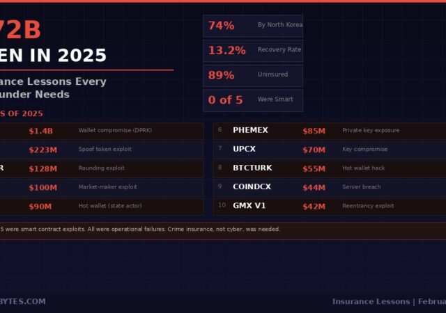 $2.72 billion stolen in crypto hacks 2025 infographic showing top 10 hacks from Bybit ($1.4B) to GMX ($42M), with key stats: 74% by North Korea, 13.2% recovery rate, 89% uninsured, and 0 of top 5 were smart contract exploits