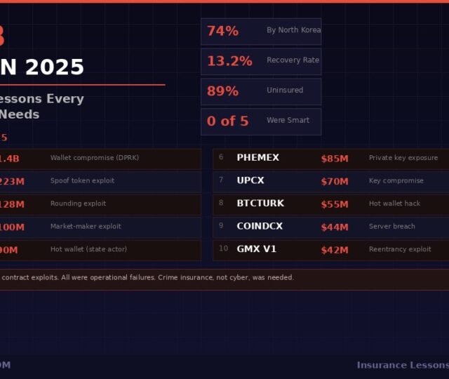 $2.72 billion stolen in crypto hacks 2025 infographic showing top 10 hacks from Bybit ($1.4B) to GMX ($42M), with key stats: 74% by North Korea, 13.2% recovery rate, 89% uninsured, and 0 of top 5 were smart contract exploits