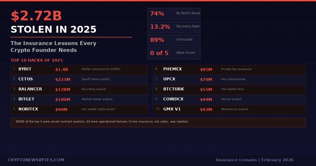$2.72 billion stolen in crypto hacks 2025 infographic showing top 10 hacks from Bybit ($1.4B) to GMX ($42M), with key stats: 74% by North Korea, 13.2% recovery rate, 89% uninsured, and 0 of top 5 were smart contract exploits