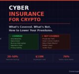 Cyber insurance for crypto firms infographic showing covered vs not covered comparison, shield icon, and key stats including $16B market size, 20 to 50 percent premium savings, and $10M average breach cost