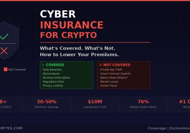 Cyber insurance for crypto firms infographic showing covered vs not covered comparison, shield icon, and key stats including $16B market size, 20 to 50 percent premium savings, and $10M average breach cost