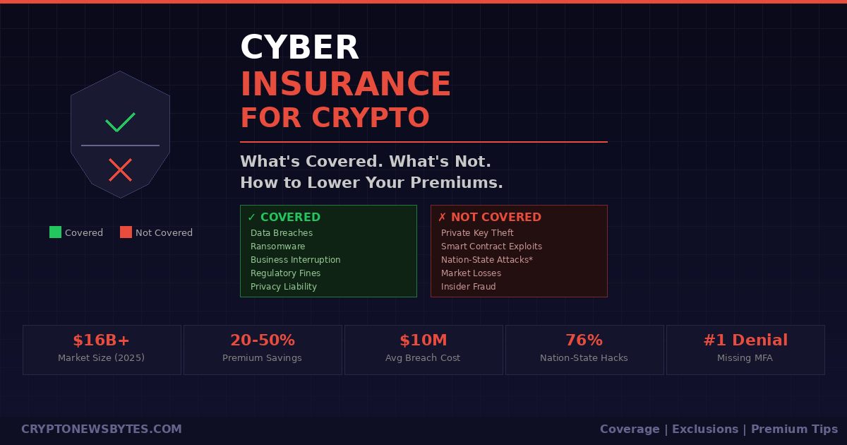 Cyber insurance for crypto firms infographic showing covered vs not covered comparison, shield icon, and key stats including $16B market size, 20 to 50 percent premium savings, and $10M average breach cost