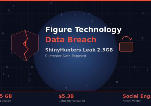 Figure Technology data breach infographic showing ShinyHunters leaked 2.5GB customer data with broken shield security icon