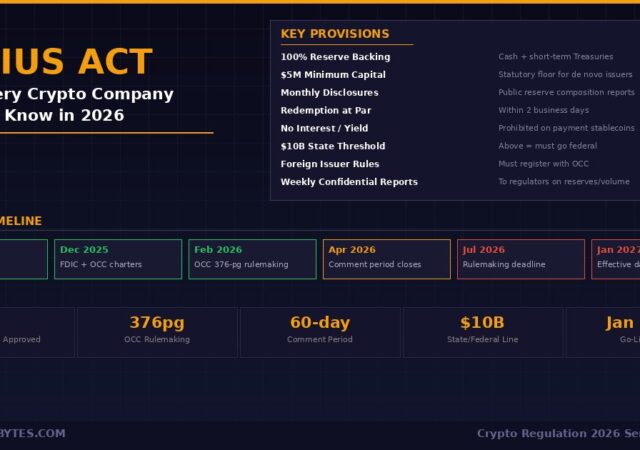 GENIUS Act crypto regulation 2026 infographic showing 8 key provisions including 100% reserve backing, $5M minimum capital, no interest or yield, and $10B state threshold, plus critical timeline from July 2025 signing through January 2027 effective date