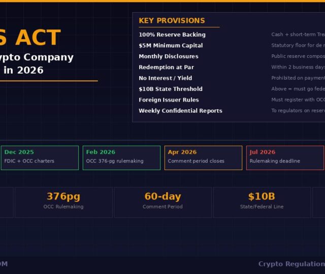GENIUS Act crypto regulation 2026 infographic showing 8 key provisions including 100% reserve backing, $5M minimum capital, no interest or yield, and $10B state threshold, plus critical timeline from July 2025 signing through January 2027 effective date