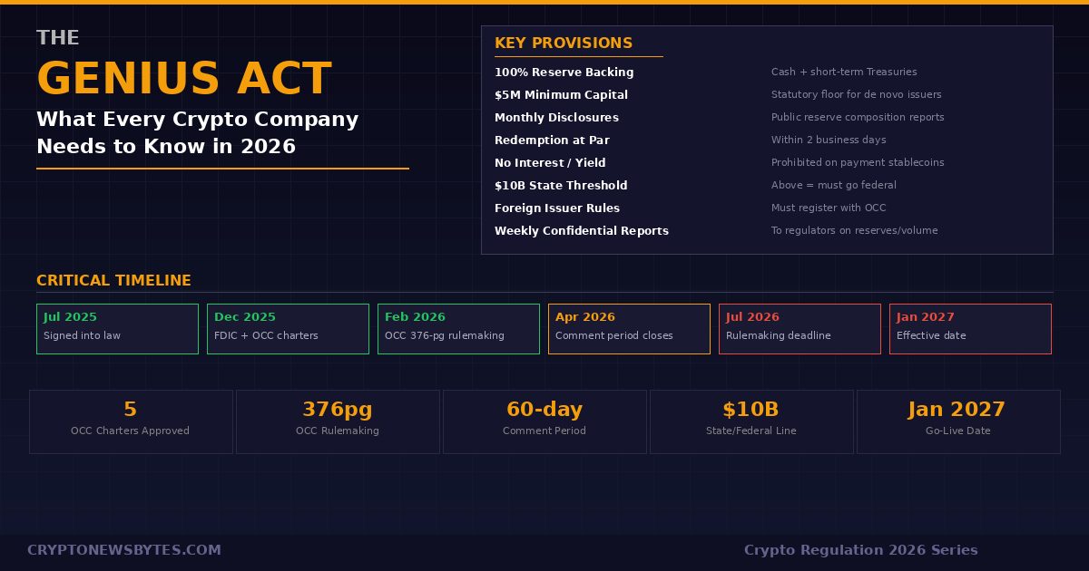 genius-act-crypto-featured β CRYPTONEWSBYTES.COM GENIUS Act crypto regulation 2026 infographic showing 8 key provisions including 100% reserve backing, $5M minimum capital, no interest or yield, and $10B state threshold, plus critical timeline from July 2025 signing through January 2027 effective date