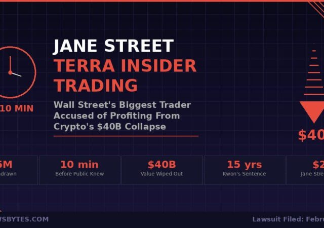 Jane Street Terra insider trading allegations infographic showing $85M UST withdrawal, $40B collapse, and lawsuit timeline