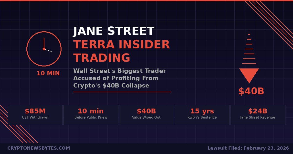 Jane Street Terra insider trading allegations infographic showing $85M UST withdrawal, $40B collapse, and lawsuit timeline