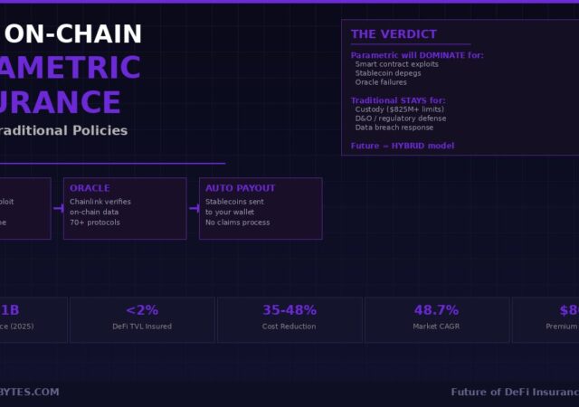 Will on-chain parametric insurance replace traditional policies for DeFi infographic showing trigger to oracle to auto payout flow, verdict panel comparing parametric vs traditional strengths, and key stats including $3.51B market, less than 2% DeFi TVL insured, and 48.7% CAGR