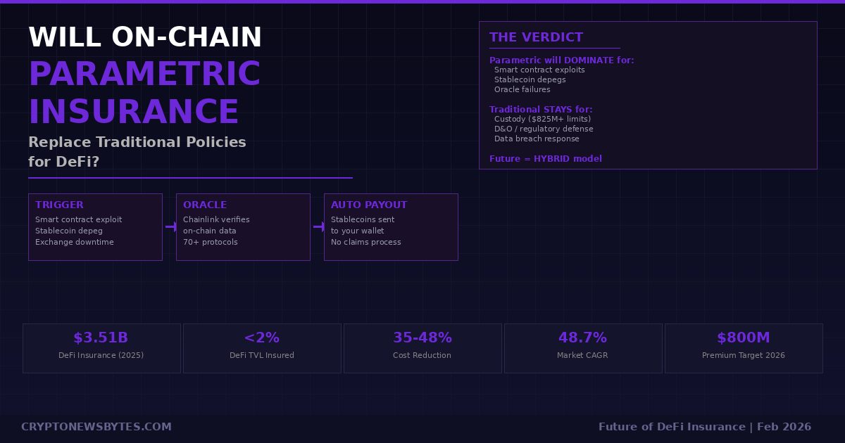 Will on-chain parametric insurance replace traditional policies for DeFi infographic showing trigger to oracle to auto payout flow, verdict panel comparing parametric vs traditional strengths, and key stats including $3.51B market, less than 2% DeFi TVL insured, and 48.7% CAGR