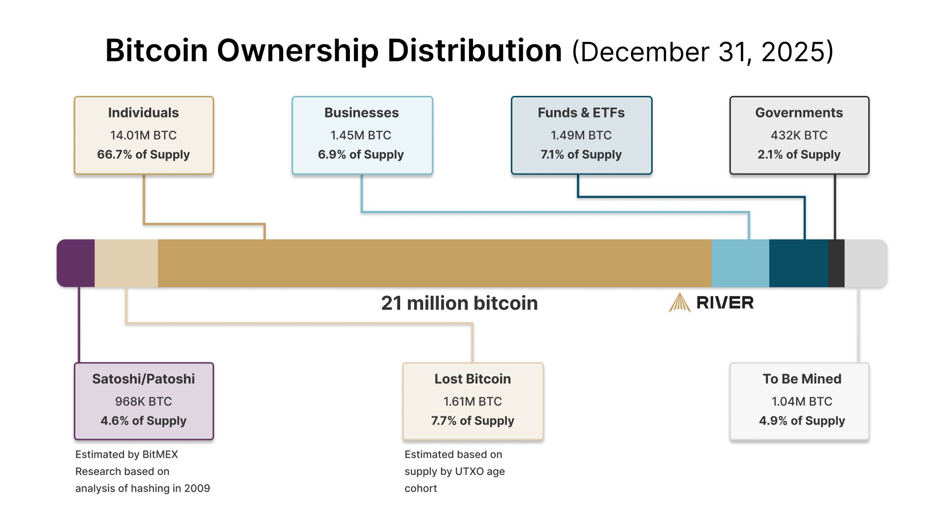 Bitcoin Ownership Distribution December 31 2025 showing individuals hold 66.7%, businesses 6.9%, funds and ETFs 7.1%, governments 2.1% according to River Financial data