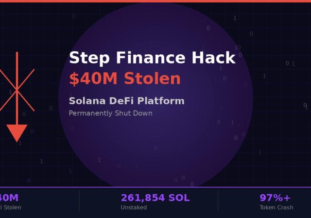 Step Finance hack infographic showing $40 million stolen from Solana DeFi platform leading to permanent shutdown