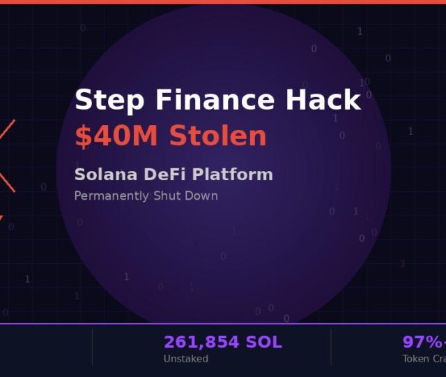 Step Finance hack infographic showing $40 million stolen from Solana DeFi platform leading to permanent shutdown