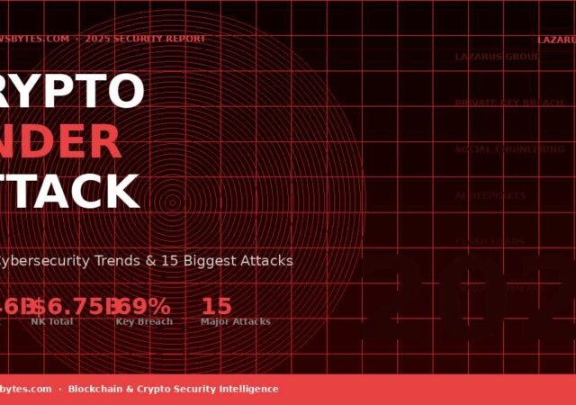 Infographic showing top 10 crypto cybersecurity trends in 2025 including the $1.46B Bybit hack by North Korea's Lazarus Group, private key breaches, and AI deepfake scams