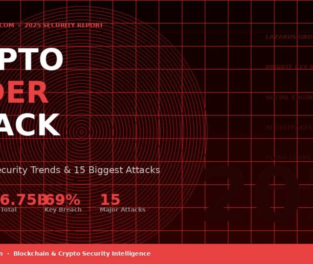 Infographic showing top 10 crypto cybersecurity trends in 2025 including the $1.46B Bybit hack by North Korea's Lazarus Group, private key breaches, and AI deepfake scams