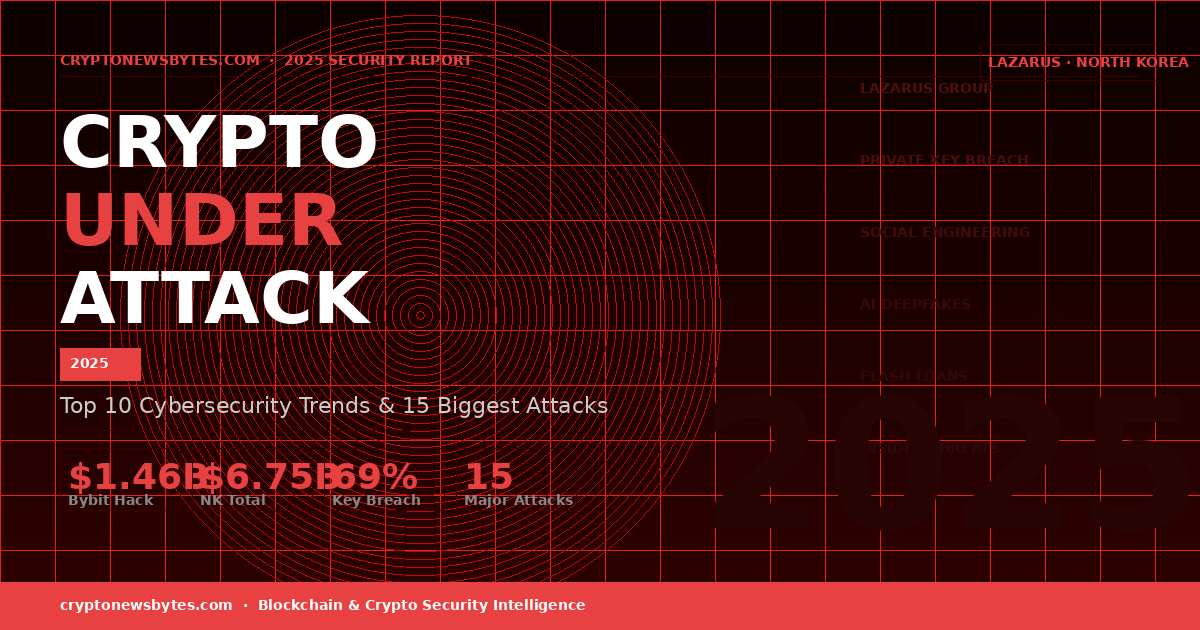 Infographic showing top 10 crypto cybersecurity trends in 2025 including the $1.46B Bybit hack by North Korea's Lazarus Group, private key breaches, and AI deepfake scams