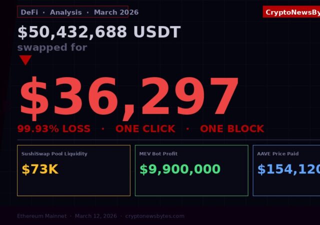 DeFi swap loss: $50 million USDT swapped for $36,297 on Aave, MEV bot profits $9.9M, March 2026
