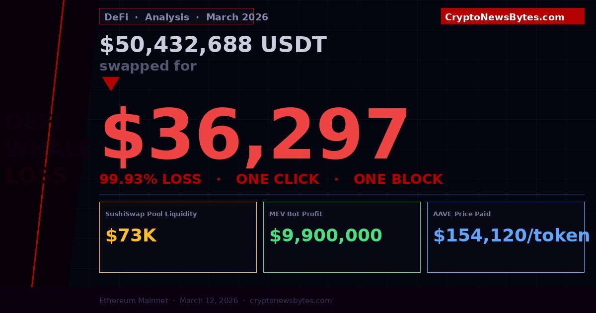 DeFi swap loss: $50 million USDT swapped for $36,297 on Aave, MEV bot profits $9.9M, March 2026